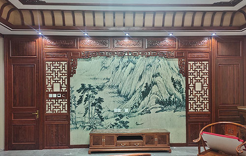南关中式仿古别墅客厅背景墙花格木作装饰